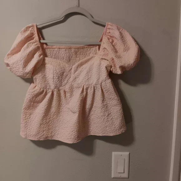 Shein Smocked Puff Sleeve Peplum Top - Light Pink - Picture 10 of 12